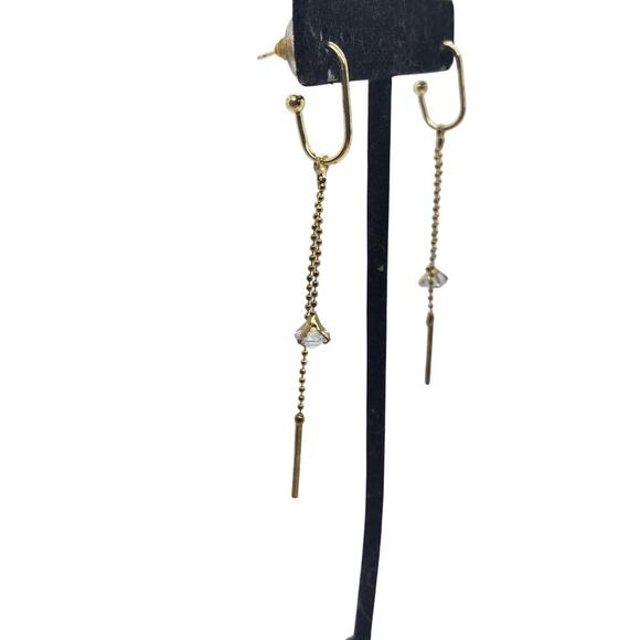 Gold Tone Drop Chain Earrings Crystal Bead Dangle Minimalist Modern Jewelry - Picture 1 of 9